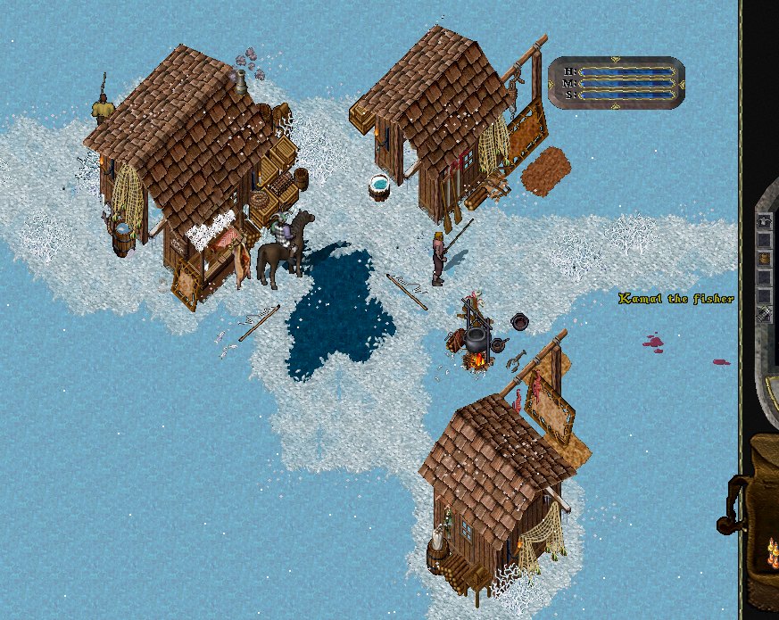 A fishing village built out onto the ice, with drying nets and a fisher NPC