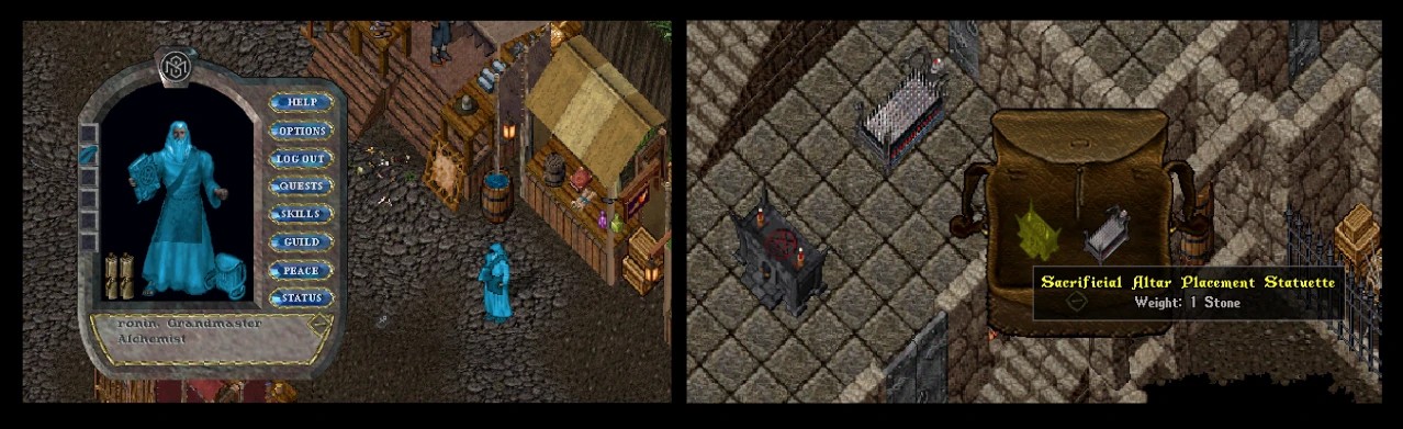 Lagoon robe and spellbook on the paperdoll; the Bed of Nails, the Sacrificial Altar and their placement statuettes